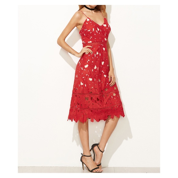 Red Crochet Lace Spaghetti Straps A-Line Dress - Picture 4 of 8